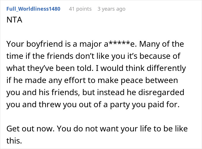 Comment discussing a woman refused to leave party she planned despite boyfriend and friends demanding privacy.