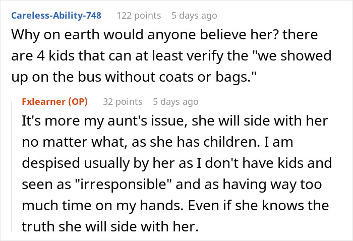 Screenshot of an online discussion about poor parenting and a cousin left to babysit children, risking custody issues.