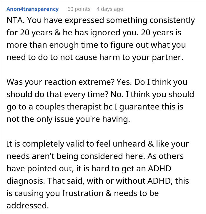 Comment discussing frustration in a relationship where wife threatens cold showers due to husband&rsquo;s bad memory.
