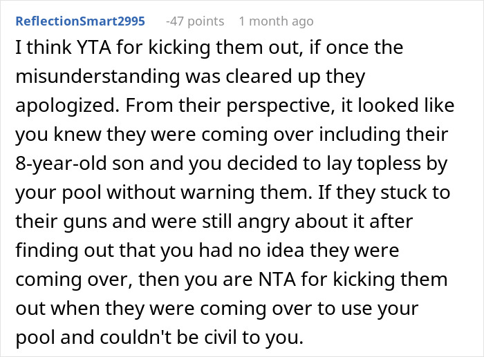 Woman confronts SIL sunbathing topless, accusing her of exposing herself to husband and son by the pool.