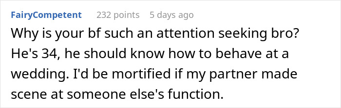Comment expressing frustration about a boyfriend's inappropriate behavior at a wedding, related to boyfriend bouquet wedding bride. Comment expressing frustration about a boyfriend's inappropriate behavior at a wedding, related to boyfriend bouquet wedding bride.