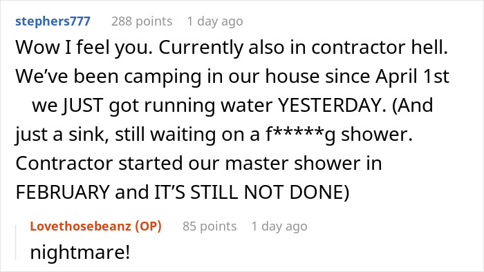 Reddit user describes contractor nightmare during kitchen renovation causing major delays and frustration at home.