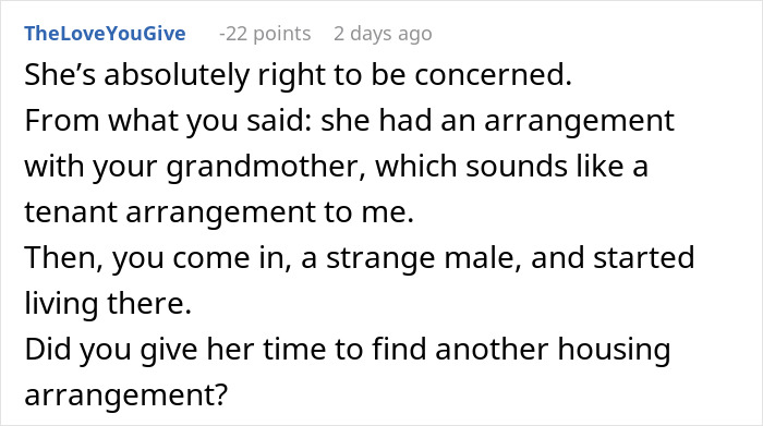 Comment expressing concern about tenant&rsquo;s situation after man inherits house and starts living there unexpectedly.