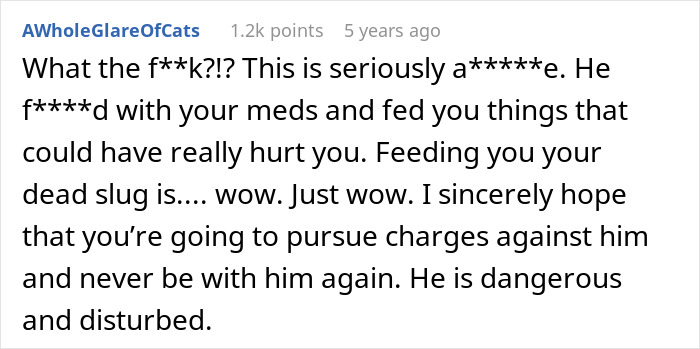 User comment expressing concern about a guy feeding his girlfriend slugs and her pet snail, calling it dangerous and disturbed.