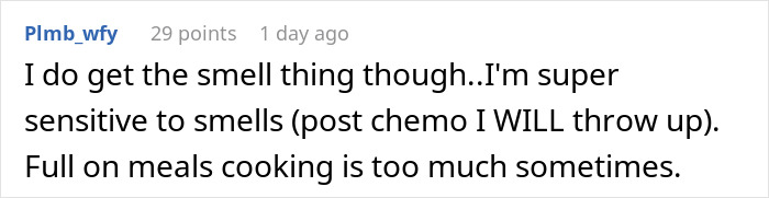 Comment about coworker saying woman&rsquo;s lunch smells too real and sensitive to strong meal odors after chemo treatment.
