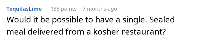 Screenshot of a Reddit comment asking about having a single sealed kosher meal delivered from a kosher restaurant.