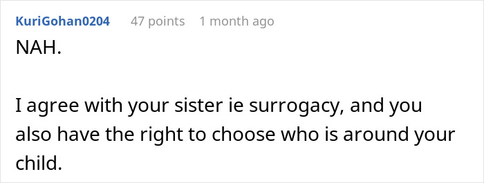 User comment discussing surrogacy and the right to choose who is around a child in an online forum.