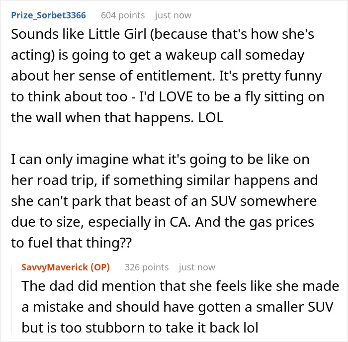 Comments discussing a 21-year-old throwing a fit after neighbor refuses to move car from public parking spot. Comments discussing a 21-year-old throwing a fit after neighbor refuses to move car from public parking spot.