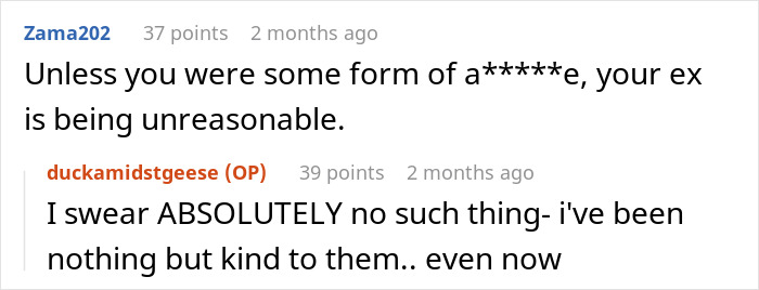 Screenshot of a Reddit conversation about drama after an ex pops up with an immature text, calling them a narcissist.