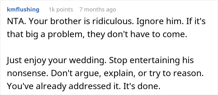 Comment discussing an entitled brother demanding $3,500 for kosher wedding meals for his sister&rsquo;s boyfriend of four months.