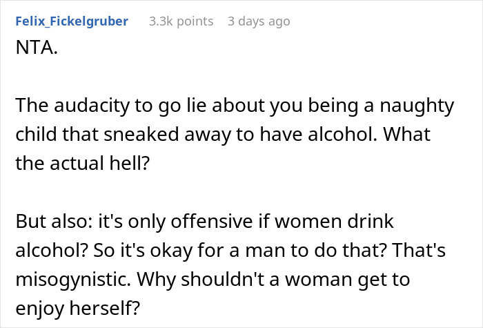Reddit comment discussing entitlement and misogyny around women drinking alcohol in front of children.