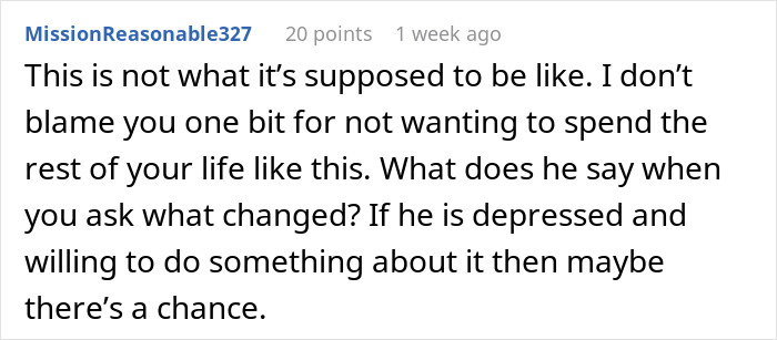 Screenshot of a forum comment discussing a man’s slow change in behavior causing marital boredom and concern from his wife. Screenshot of a forum comment discussing a man’s slow change in behavior causing marital boredom and concern from his wife.