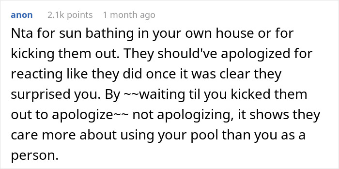 Comment discussing sunbathing and conflict involving woman walking in on SIL sunbathing topless.