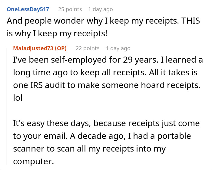 Screenshot of a Reddit conversation about keeping receipts, related to a man winning a case against landlord by complying maliciously.
