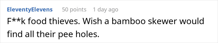 Comment about food theft displayed in a casual online forum discussing coworker stealing spicy lunch. Comment about food theft displayed in a casual online forum discussing coworker stealing spicy lunch.