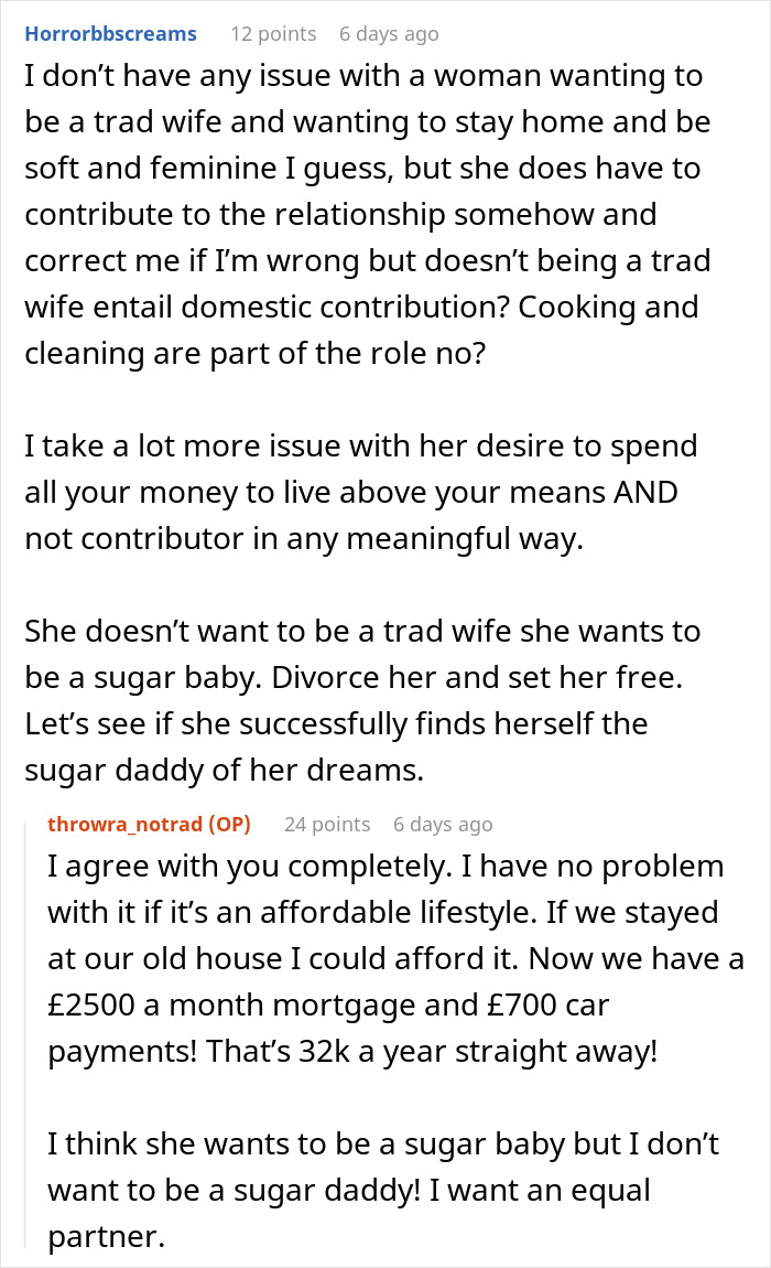 Conversation about tradwife role and financial expectations in a relationship with a focus on domestic contribution and equality.
