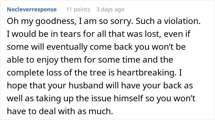 Screenshot of a Reddit comment expressing sympathy for a woman whose garden was landscaped by her MIL without permission.