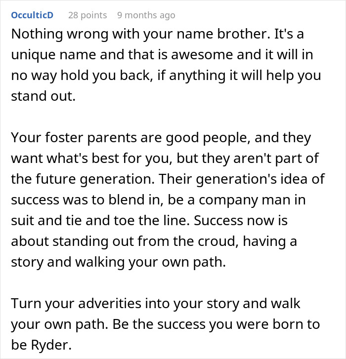Comment discussing unique names and advice on foster name change parents encouraging individuality and personal success.