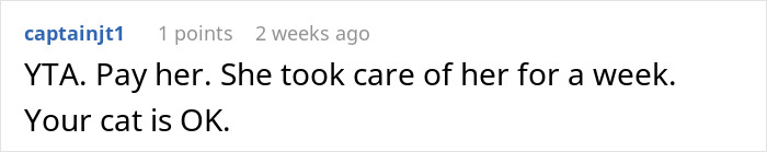 Screenshot of a forum comment discussing refusal to pay a cat-sitter after taking care of a cat for a week.
