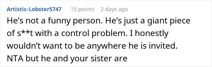 User comment from Reddit criticizing a man who pulls a harmless prank on his girlfriend&rsquo;s sister, leading to tension and revenge.