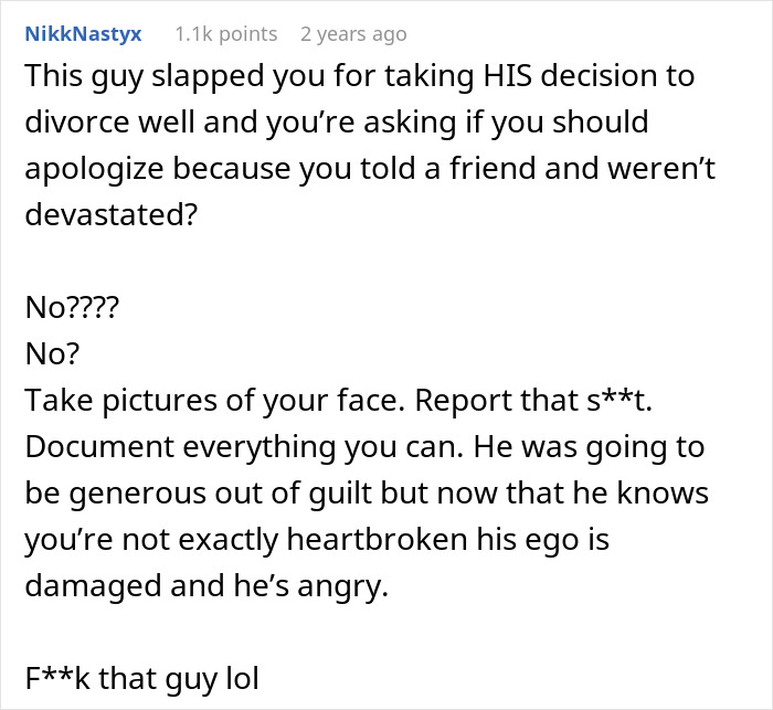 Comment thread discussing a man upset after asking for divorce and his wife joking about the situation. Comment thread discussing a man upset after asking for divorce and his wife joking about the situation.