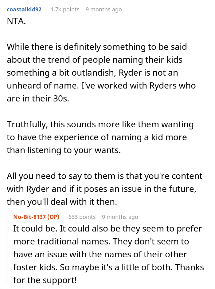 Commenters discuss naming preferences and perspectives in foster name change parents situations, addressing respect and future concerns.