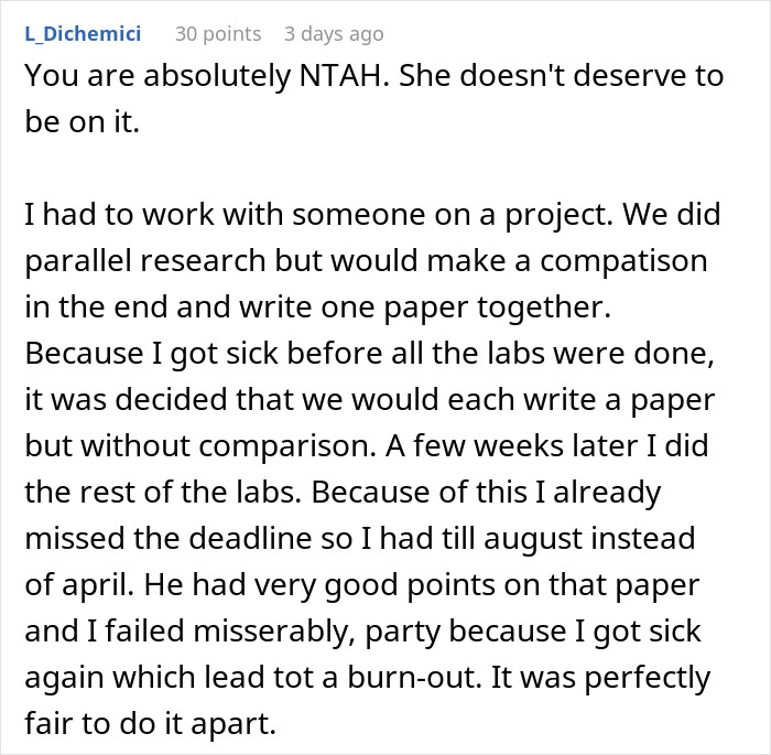 Alt text: Comment on woman at risk of not graduating after failing to contribute to shared thesis, discussing fairness and challenges.