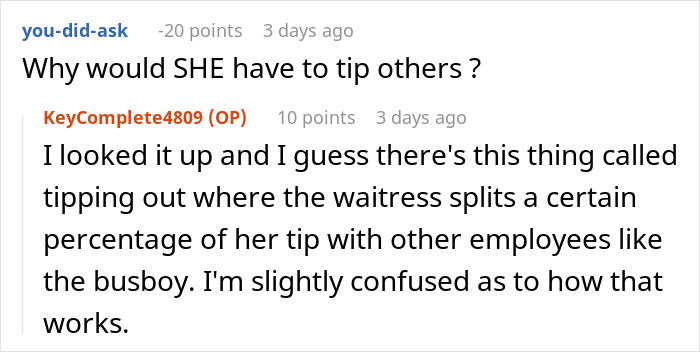 Screenshot of a forum discussion about tipping etiquette, focusing on tipping 83 cents and sharing tips among employees.
