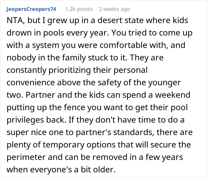 Comment warning about man ignoring partner&rsquo;s request to make pool fence, risking kids' safety concerns.