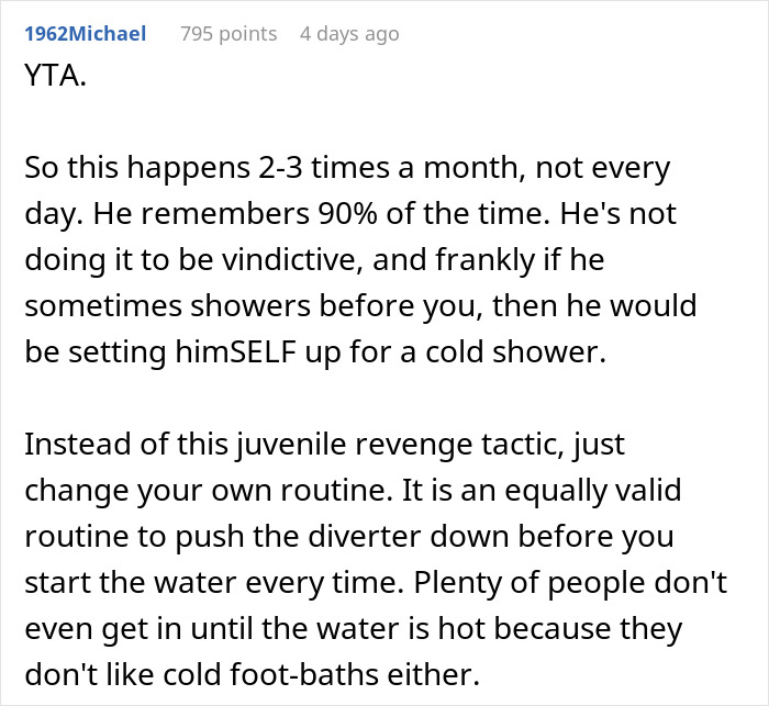 Comment explaining wife&rsquo;s threat of cold shower to husband due to his bad memory and bathing routine issues.
