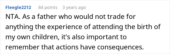 Comment from user Fleegle2212 discussing a father's perspective on attending childbirth and consequences of actions in an online forum.