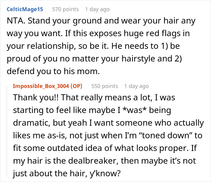 Reddit conversation about woman refusing to cut her hair for boyfriend&rsquo;s mom&rsquo;s party and relationship boundaries.