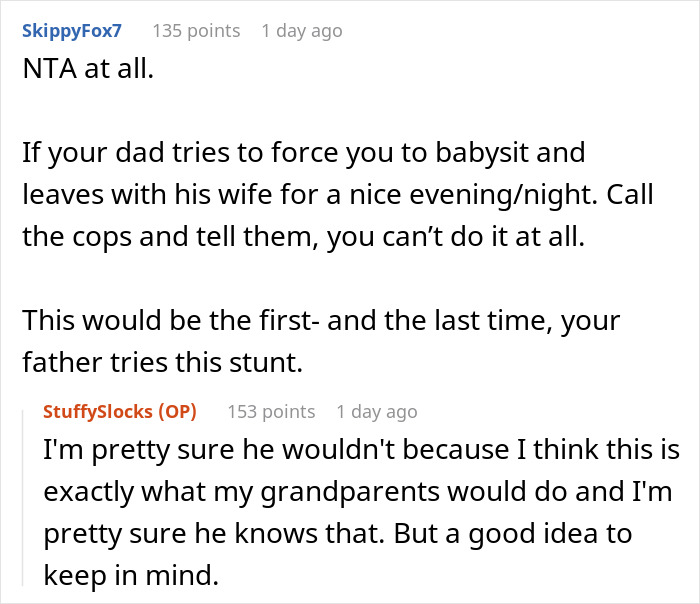 Text conversation screenshot about a teen refusing blended family babysitting and stepmom's expectations.