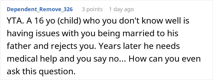 Reddit comment discussing moral dilemma about paying for stepson’s surgery in a family conflict scenario. Reddit comment discussing moral dilemma about paying for stepson’s surgery in a family conflict scenario.