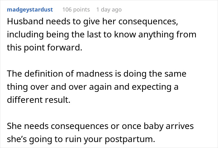 Comment discussing consequences for MIL hijacking pregnancy announcement, warning of postpartum impact and family conflict on Facebook.