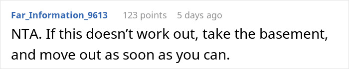 Screenshot of a forum comment advising to take the basement and move out if a 22YO confronts dad about his GF and child.