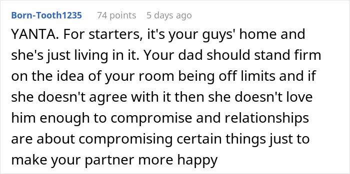 Reddit comment discussing a 22-year-old confronting dad about his girlfriend trying to make her live with a 10-year-old.