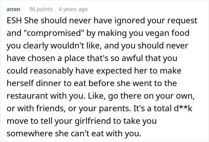 Comment discussing issues around refusing to eat vegan meal on girlfriend birthday and relationship compromises. Comment discussing issues around refusing to eat vegan meal on girlfriend birthday and relationship compromises.