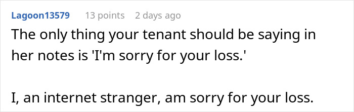 Screenshot of a Reddit comment expressing sympathy to a man who inherits a house with a difficult tenant complaint.