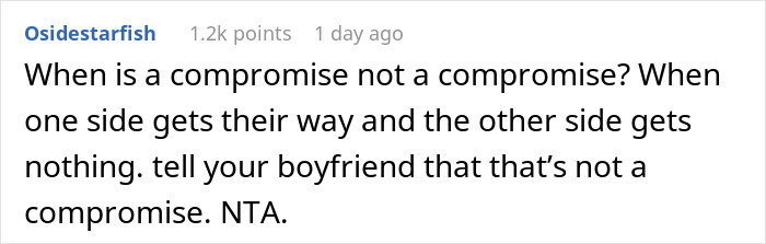 Screenshot of a Reddit comment discussing a woman refusing to cut her hair for her boyfriend&rsquo;s mom&rsquo;s party.
