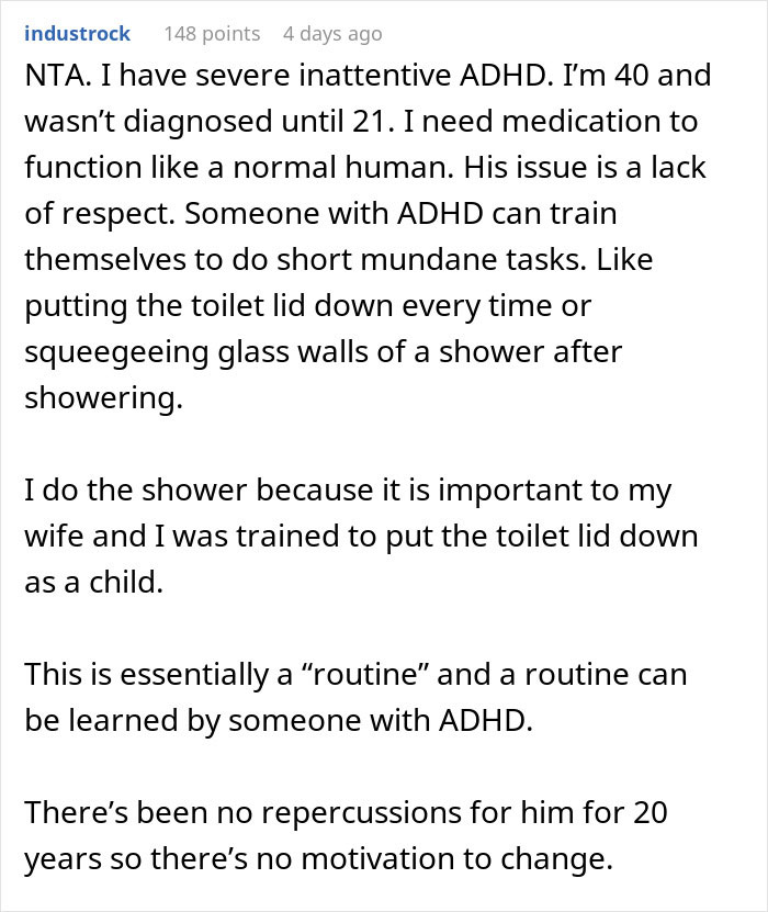 Comment discussing bad memory and wife threatening cold shower as consequence for husband's forgetfulness and lack of routine.