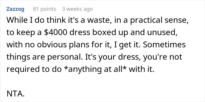 Comment discussing the personal value versus practical use of an expensive wedding dress in sisters drama context.
