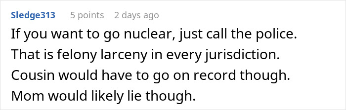 Comment discussing MOH overcharging and larceny concerns related to the bachelorette party funds.