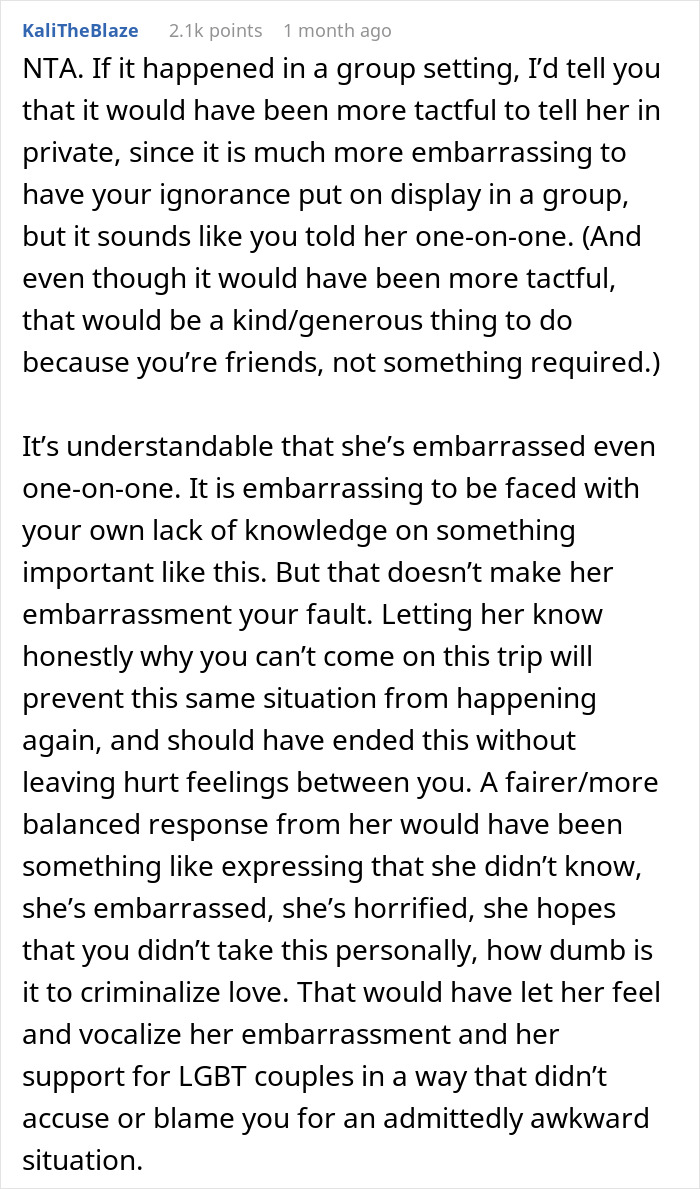 Text comment discussing a woman being blunt about why she can’t travel with a friend and facing accusations of embarrassment. Text comment discussing a woman being blunt about why she can’t travel with a friend and facing accusations of embarrassment.