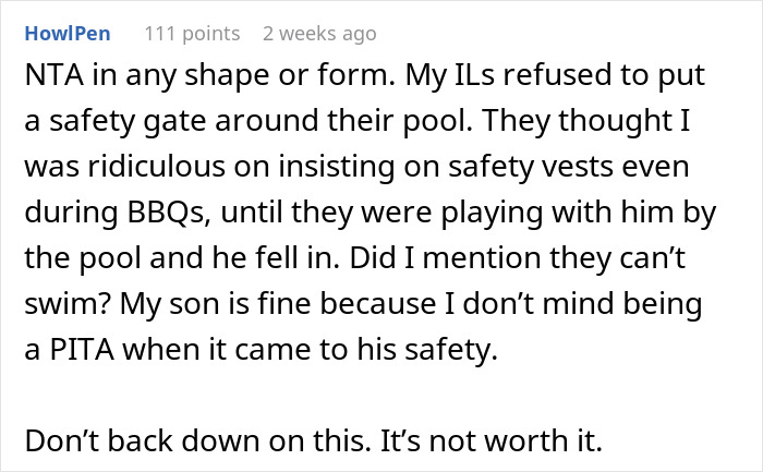 Comment discussing man ignoring partner's request to build a pool fence for kids' safety and the importance of child safety.