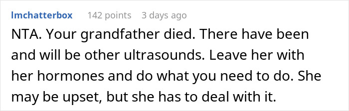 Comment discussing a man prioritizing a funeral over seeing his newborn daughter&rsquo;s first look, shared by pregnant wife.