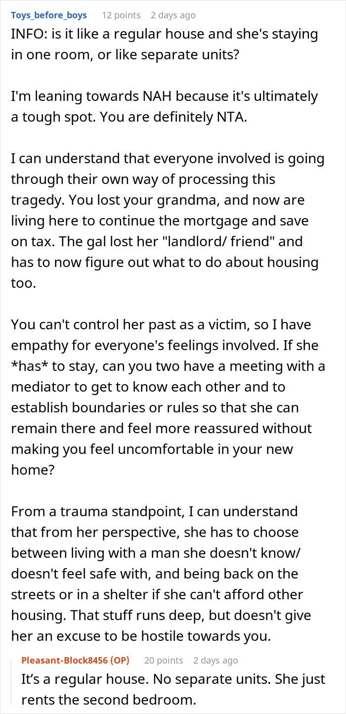 Reddit comment discussing challenges a man faces inheriting a house with a tenant making living conditions tense.