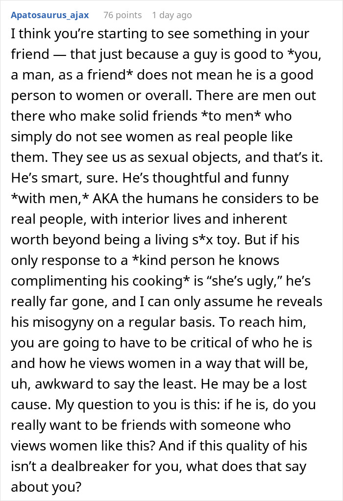 Text excerpt discussing a man who only wants to date influencer-like women and a friend giving him a reality check. Text excerpt discussing a man who only wants to date influencer-like women and a friend giving him a reality check.