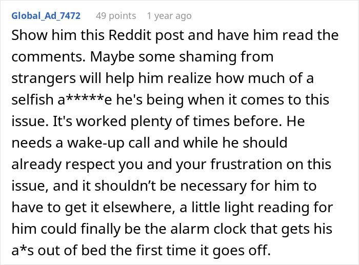 Reddit post highlighting husband enjoying lazy mornings while wife sacrifices sleep in a one-sided Sunday deal effort.