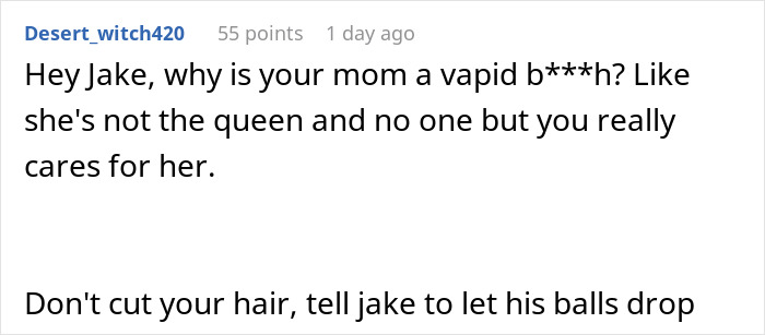 Screenshot of an online comment discussing refusal to cut hair for boyfriend&rsquo;s mom&rsquo;s party, expressing strong opinions.